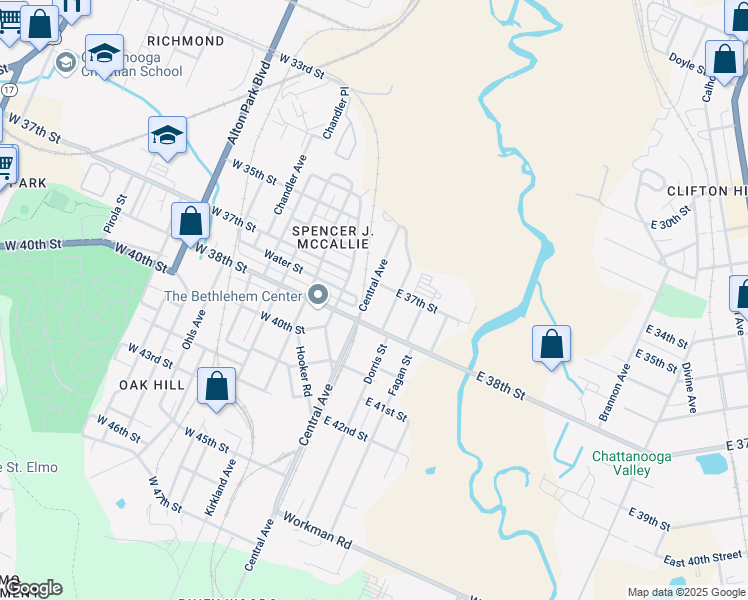 map of restaurants, bars, coffee shops, grocery stores, and more near 3729 Dorris Street in Chattanooga