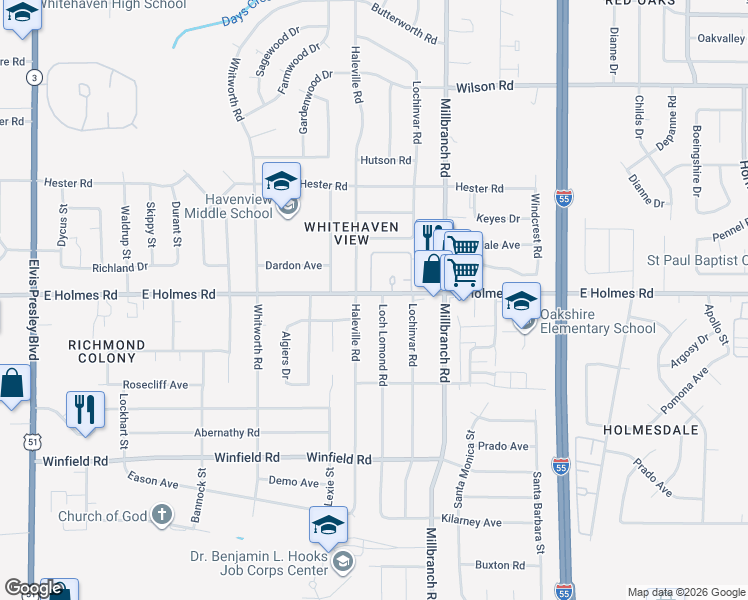 map of restaurants, bars, coffee shops, grocery stores, and more near 5237 Loch Lomond Road in Memphis