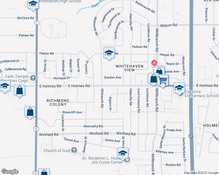map of restaurants, bars, coffee shops, grocery stores, and more near 1481 East Holmes Road in Memphis