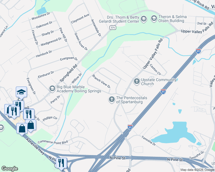 map of restaurants, bars, coffee shops, grocery stores, and more near 128 Stonewood Crossing Drive in Boiling Springs