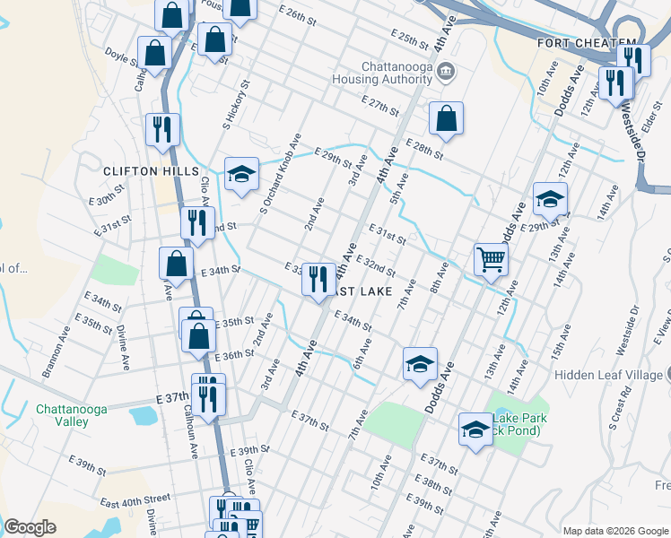 map of restaurants, bars, coffee shops, grocery stores, and more near 3215 5th Avenue in Chattanooga