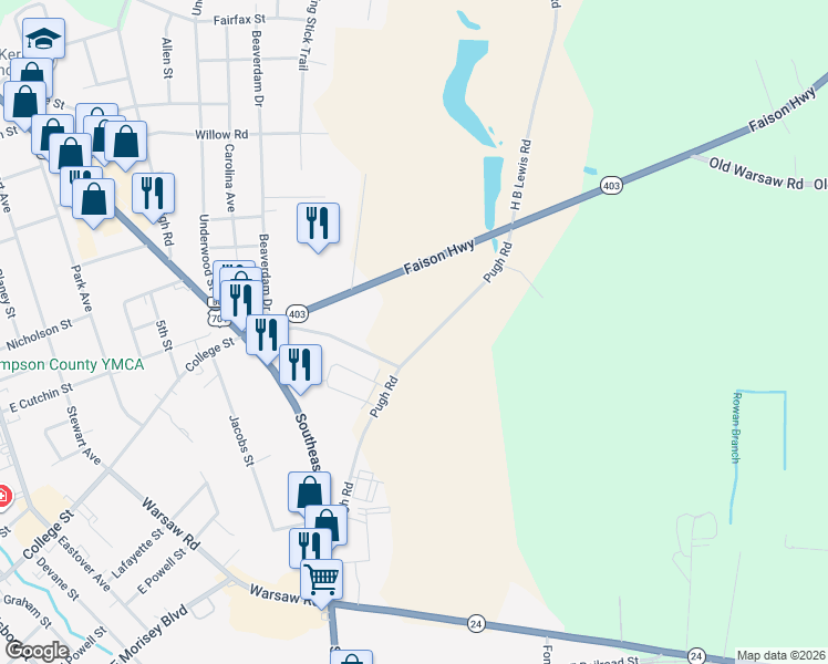 map of restaurants, bars, coffee shops, grocery stores, and more near 400-414 Pugh Road in Clinton