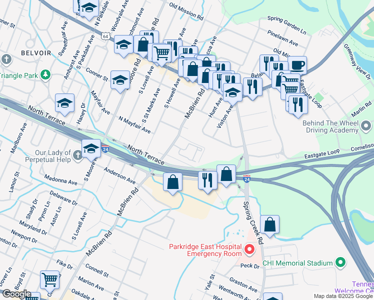 map of restaurants, bars, coffee shops, grocery stores, and more near 312 Mcbrien Road in Chattanooga