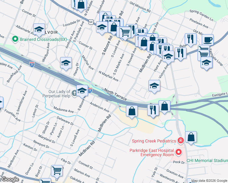 map of restaurants, bars, coffee shops, grocery stores, and more near 401 South Howell Avenue in Chattanooga