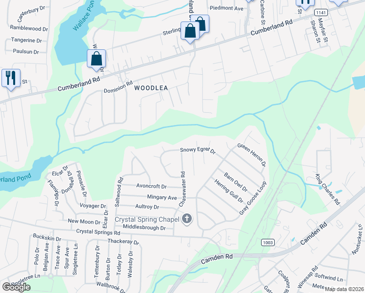map of restaurants, bars, coffee shops, grocery stores, and more near 1344 Snowy Egret Drive in Fayetteville