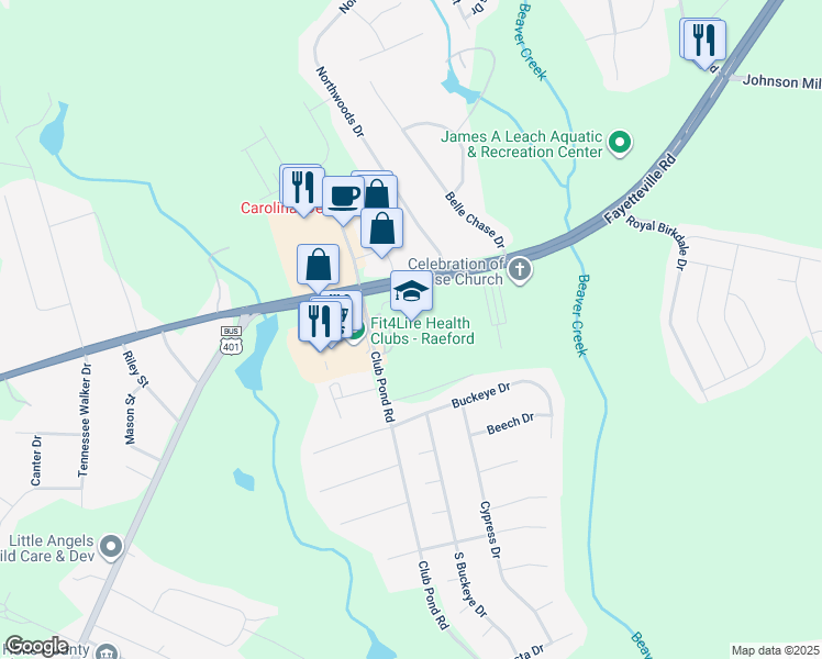map of restaurants, bars, coffee shops, grocery stores, and more near 4702 Fayetteville Road in Raeford