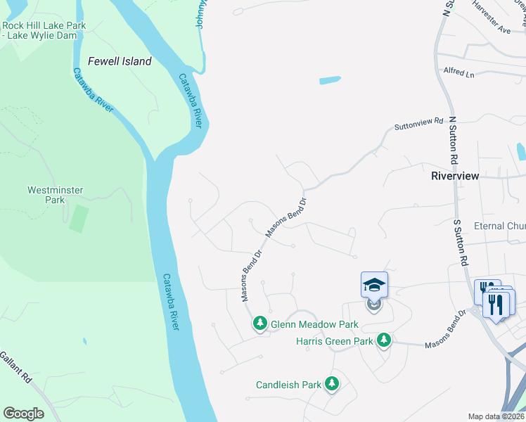 map of restaurants, bars, coffee shops, grocery stores, and more near 1204 Therns Ferry Drive in Fort Mill