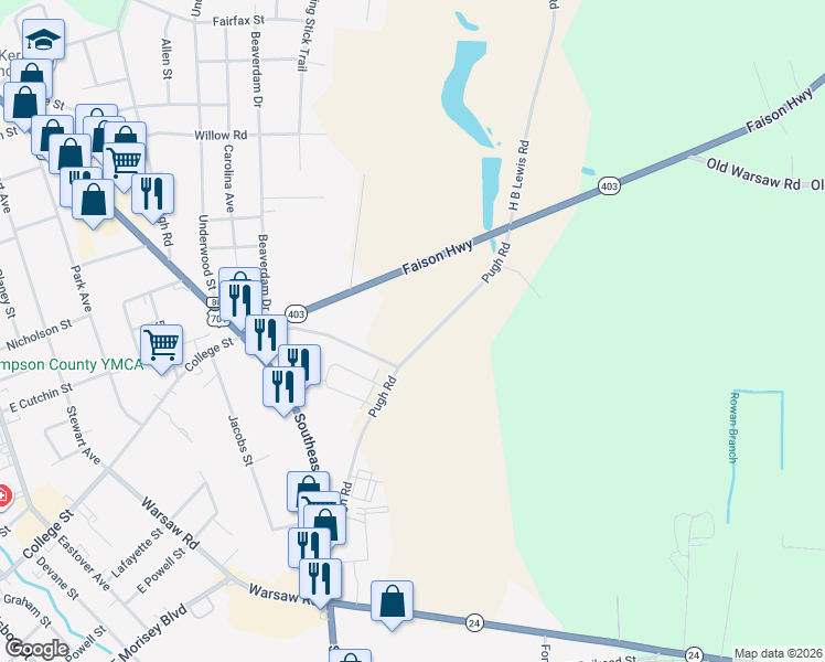 map of restaurants, bars, coffee shops, grocery stores, and more near 360 Faison Highway in Clinton