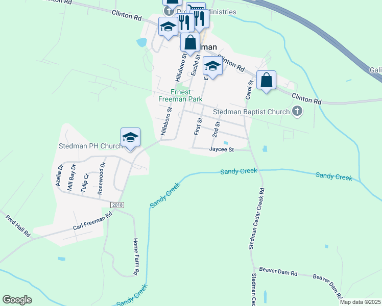 map of restaurants, bars, coffee shops, grocery stores, and more near 5124 Jaycee Street in Stedman