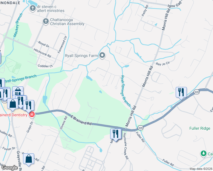 map of restaurants, bars, coffee shops, grocery stores, and more near 8400 Morin Road in Chattanooga