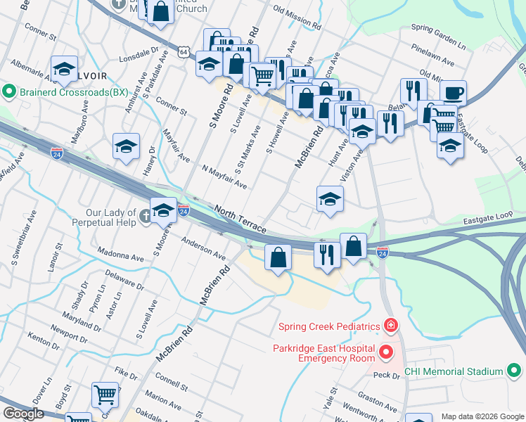 map of restaurants, bars, coffee shops, grocery stores, and more near 302 South Howell Avenue in Chattanooga