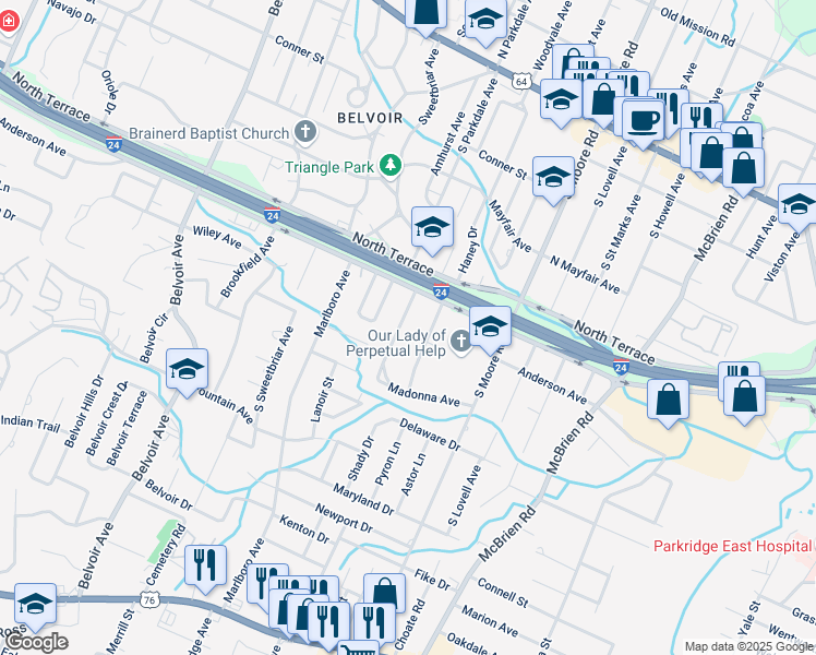 map of restaurants, bars, coffee shops, grocery stores, and more near 505 Sharondale Road in Chattanooga