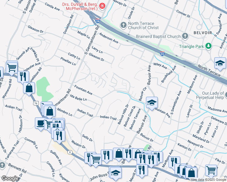 map of restaurants, bars, coffee shops, grocery stores, and more near 3701 Jason Drive in Chattanooga