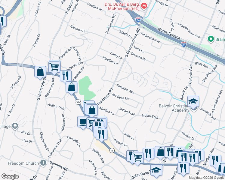 map of restaurants, bars, coffee shops, grocery stores, and more near 742 South Germantown Circle in Chattanooga