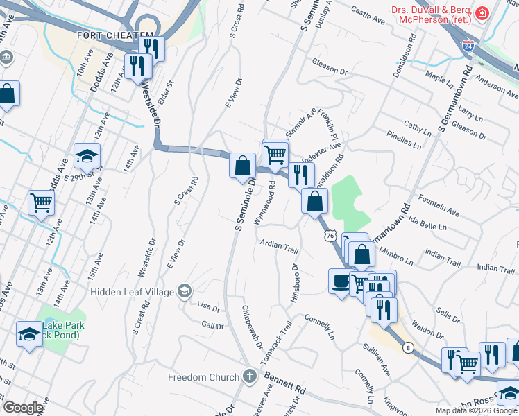map of restaurants, bars, coffee shops, grocery stores, and more near 1014 South Seminole Drive in East Ridge
