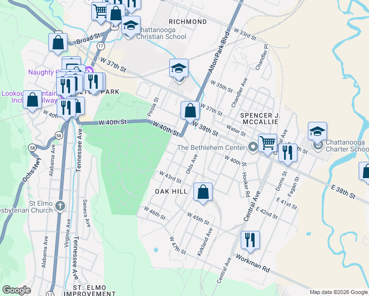 map of restaurants, bars, coffee shops, grocery stores, and more near 4012 West Avenue in Chattanooga