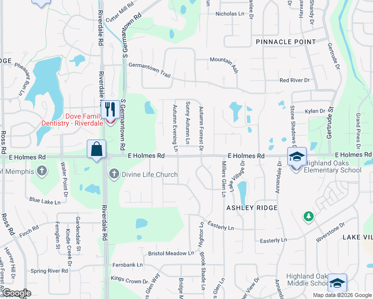 map of restaurants, bars, coffee shops, grocery stores, and more near 5184 Autumn Evening Lane in Memphis