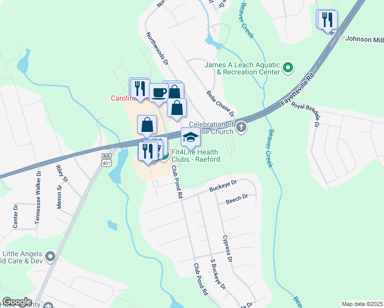map of restaurants, bars, coffee shops, grocery stores, and more near 4702 Fayetteville Road in Raeford