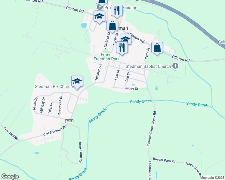map of restaurants, bars, coffee shops, grocery stores, and more near 5124 Jaycee Street in Stedman