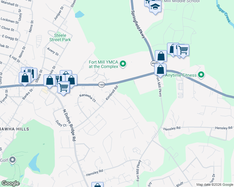map of restaurants, bars, coffee shops, grocery stores, and more near 1170 Kimbrell Road in Fort Mill