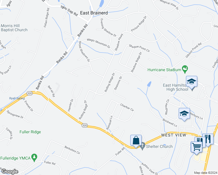 map of restaurants, bars, coffee shops, grocery stores, and more near 220 Rolling Ridge Drive in Chattanooga