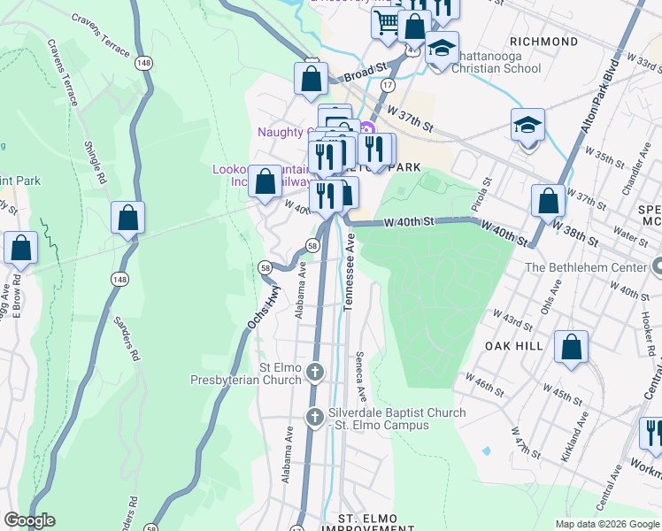 map of restaurants, bars, coffee shops, grocery stores, and more near 4015 Saint Elmo Avenue in Chattanooga