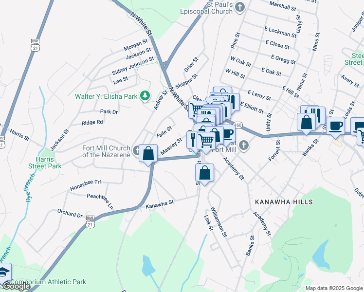 map of restaurants, bars, coffee shops, grocery stores, and more near 115 Massey Street in Fort Mill