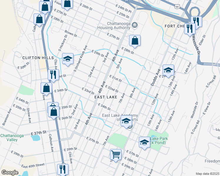 map of restaurants, bars, coffee shops, grocery stores, and more near 5th Avenue in Chattanooga