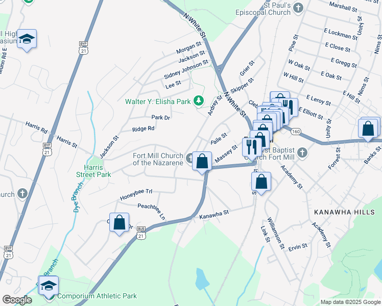 map of restaurants, bars, coffee shops, grocery stores, and more near 305 Ardrey Street in Fort Mill