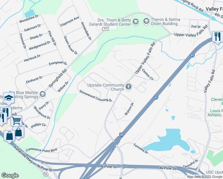 map of restaurants, bars, coffee shops, grocery stores, and more near 450 Standing Rock Drive in Boiling Springs