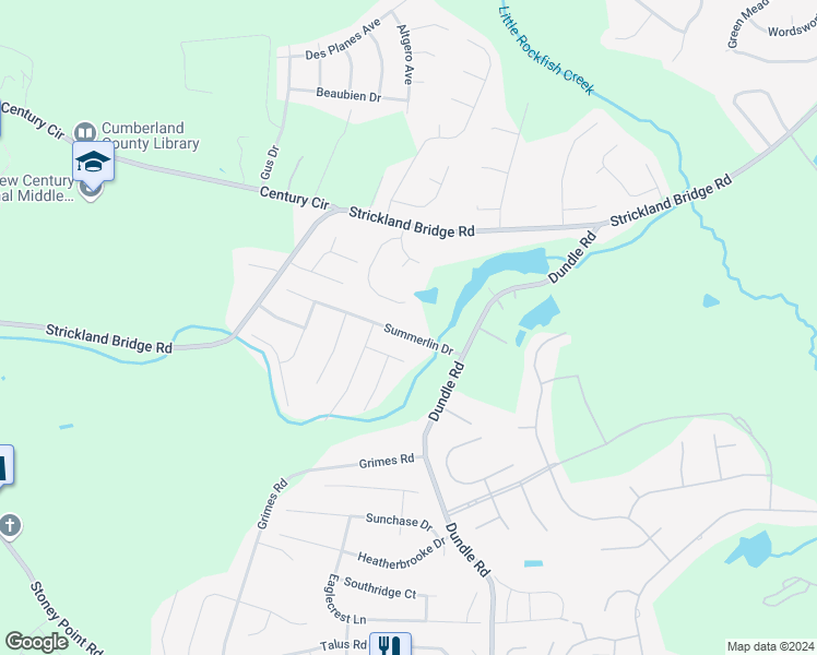map of restaurants, bars, coffee shops, grocery stores, and more near 7108 Summerlin Drive in Fayetteville