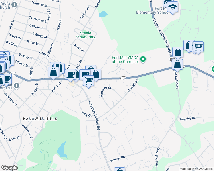 map of restaurants, bars, coffee shops, grocery stores, and more near 868 Tom Hall Street in Fort Mill