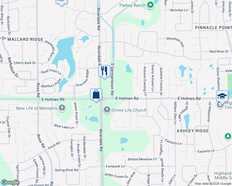 map of restaurants, bars, coffee shops, grocery stores, and more near 5182 South Germantown Road in Memphis