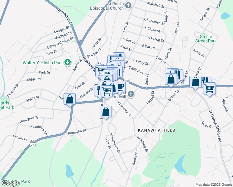 map of restaurants, bars, coffee shops, grocery stores, and more near 118 Confederate Street in Fort Mill