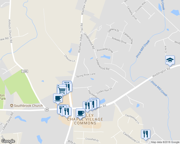 map of restaurants, bars, coffee shops, grocery stores, and more near 2001 Spring Rose Lane in Matthews