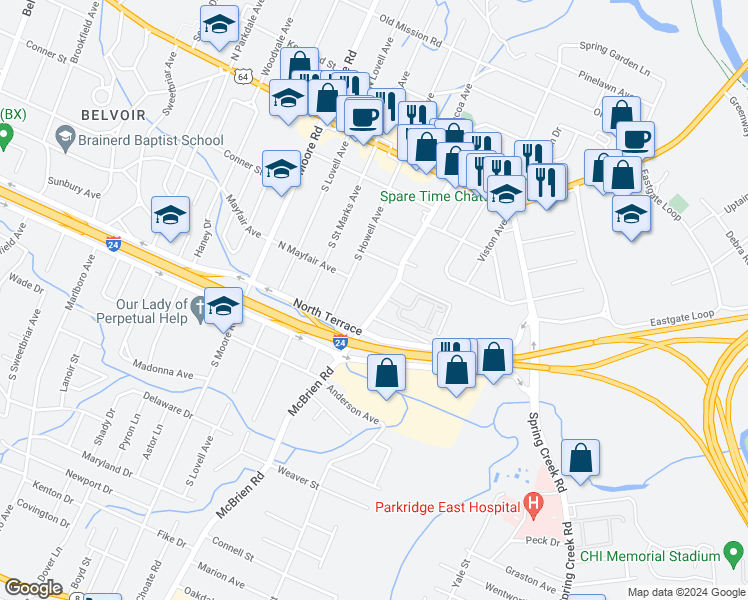 map of restaurants, bars, coffee shops, grocery stores, and more near 313 Mcbrien Road in Chattanooga
