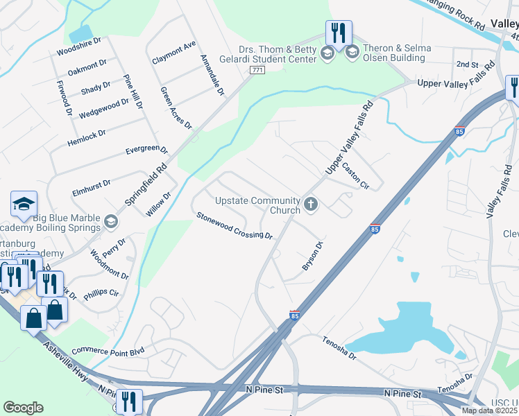 map of restaurants, bars, coffee shops, grocery stores, and more near 514 Branch Wood Drive in Boiling Springs