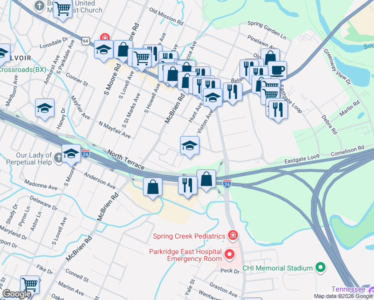 map of restaurants, bars, coffee shops, grocery stores, and more near 129 Hunt Avenue in Chattanooga