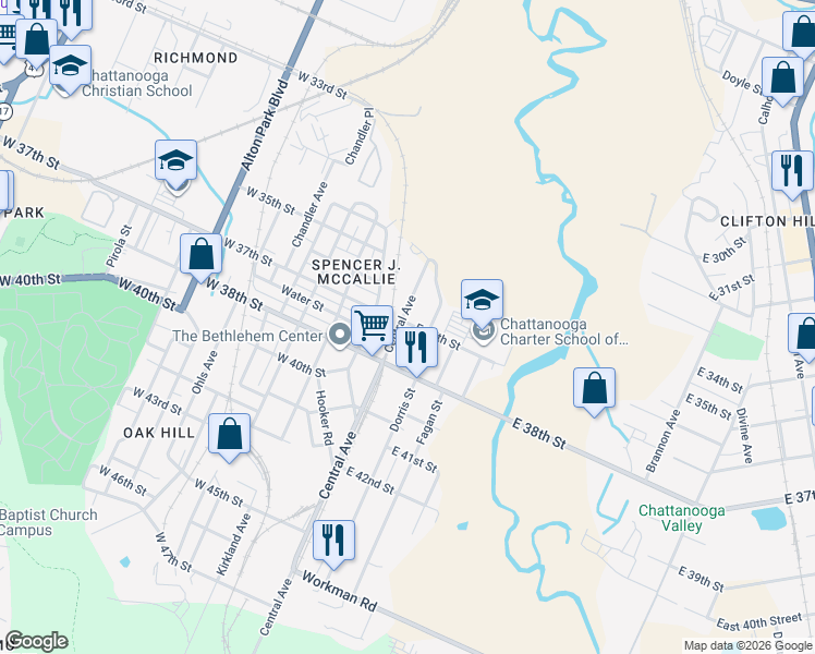 map of restaurants, bars, coffee shops, grocery stores, and more near 3608 Central Avenue in Chattanooga