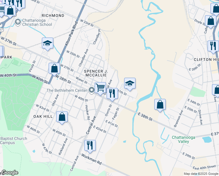 map of restaurants, bars, coffee shops, grocery stores, and more near 3608 Central Avenue in Chattanooga