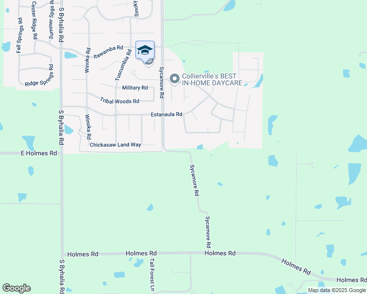 map of restaurants, bars, coffee shops, grocery stores, and more near 1406 Sycamore Road in Collierville