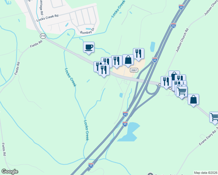 map of restaurants, bars, coffee shops, grocery stores, and more near 1944 Cedar Creek Road in Fayetteville