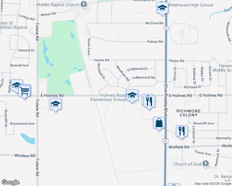 map of restaurants, bars, coffee shops, grocery stores, and more near 979 Richland Drive in Memphis