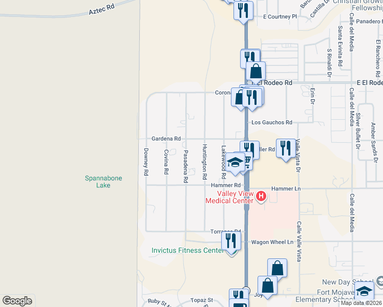 map of restaurants, bars, coffee shops, grocery stores, and more near 5150 Pasadena Road in Fort Mohave