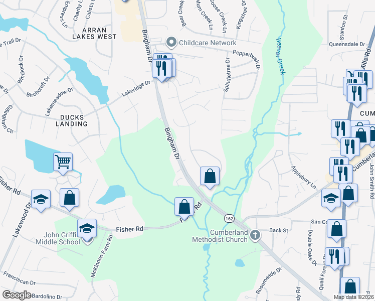 map of restaurants, bars, coffee shops, grocery stores, and more near 2450 Painters Mill Drive in Fayetteville