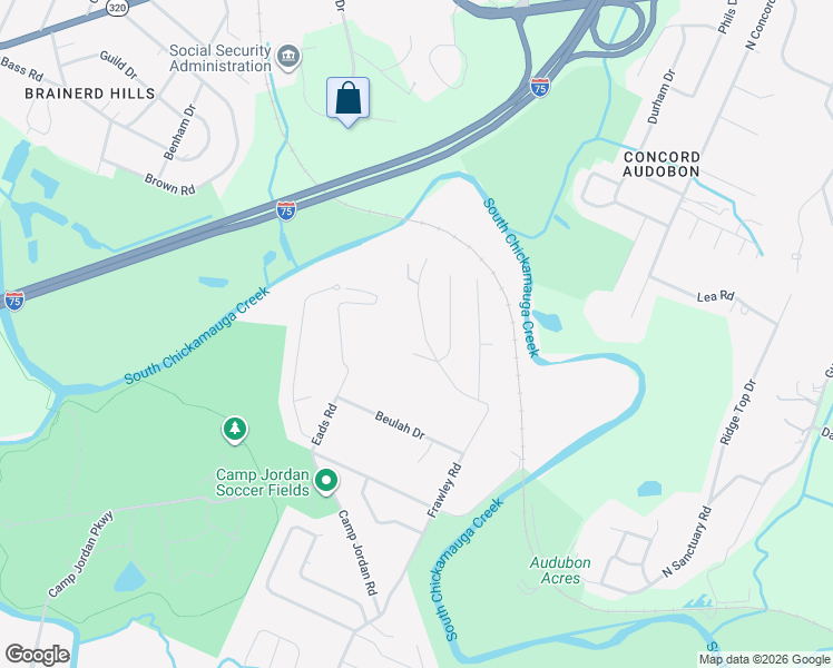 map of restaurants, bars, coffee shops, grocery stores, and more near 35 Frawley Road in Chattanooga