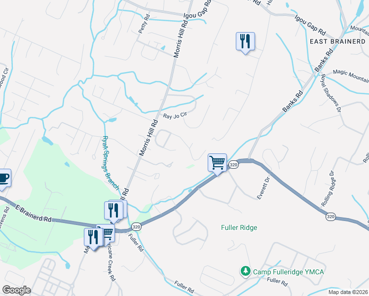 map of restaurants, bars, coffee shops, grocery stores, and more near 8609 Georgetown Trace Lane in Chattanooga
