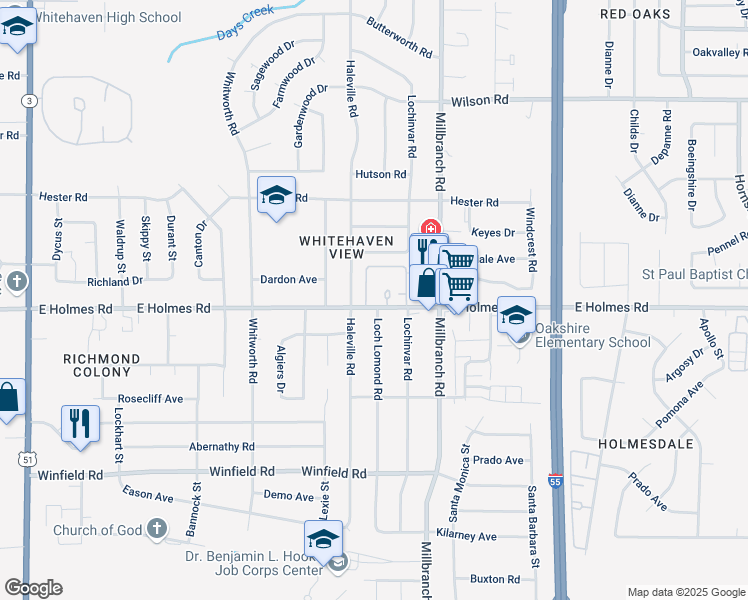 map of restaurants, bars, coffee shops, grocery stores, and more near 1594 East Holmes Road in Memphis