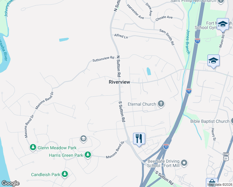 map of restaurants, bars, coffee shops, grocery stores, and more near 132 South Sutton Road in Fort Mill