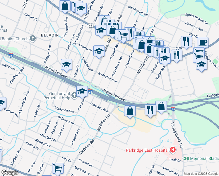 map of restaurants, bars, coffee shops, grocery stores, and more near 314 South Saint Marks Avenue in Chattanooga